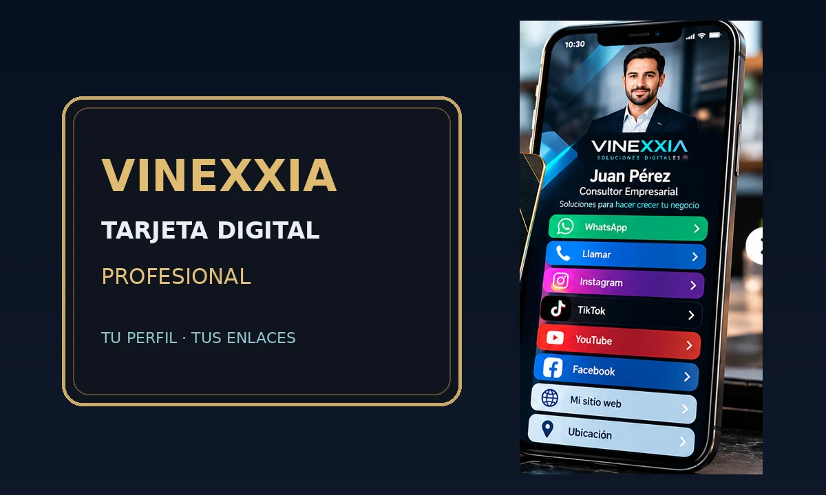 Tarjeta digital elegante y celular con enlaces profesionales